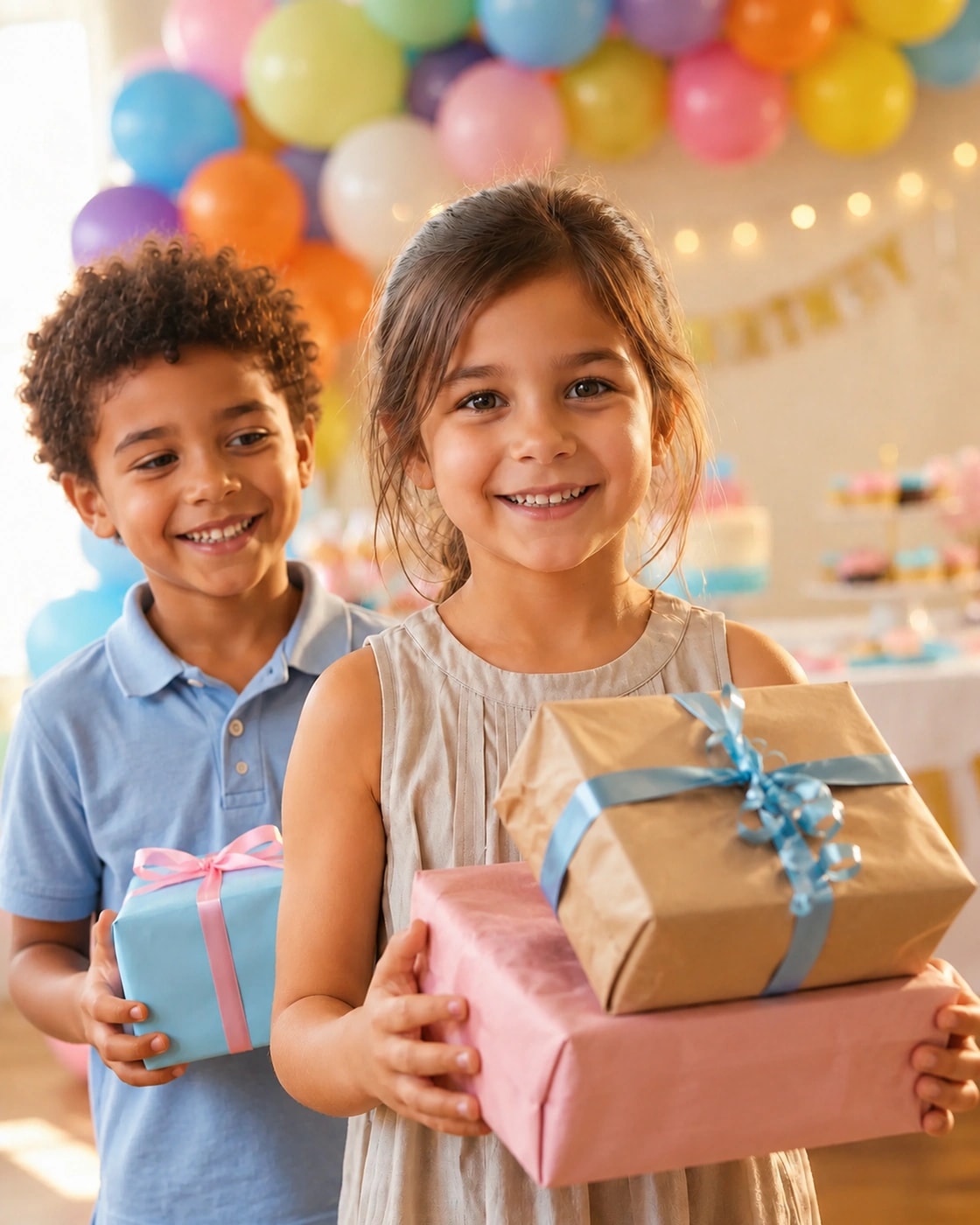Une petite fille tout sourire porte une pile de cadeaux d'anniversaire, un copain à côté d'elle avec un paquet bleu ciel, sous une arche de ballons colorés